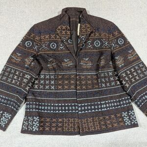 Coldwater Embroidered Geometric Pattern Open Front Jacket — Brown & Light Blue